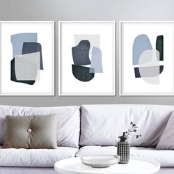 Abstract Set Of 3 Art, Navy Blue Wall Art Modern Artwork, Large Art Triptych Printable Posters, Large Scale Piece Prints