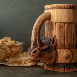 Wooden Beer Mug Rhinoceros, Viking Mug, Beer Stein, Wooden Tankard, German Style Mug, Nord Mug, Ale Tankard