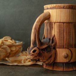 wooden beer mug rhinoceros, viking mug, beer stein, wooden tankard, german style mug, nord mug, ale tankard