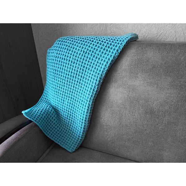 Waffle blue crochet blanket on the sofa 4.jpg