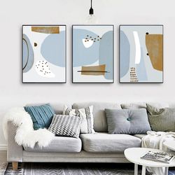 Triptych Abstract Set Of 3 Blue Wall Art, Shapes Poster Modern Artwork, Large Scale Art Piece, Digital Prints Home Decor