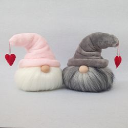 Valentine Gnome Dolls with Heart, Love Gnome Family, Small Pink Plush Gnomes, Stuffed Gnome Couple, Valentines Day Decor