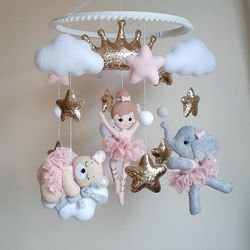Baby girl nursery mobile with princess, bear, swan, elephant, crown. Baby shower gift. Nursery girl decor.