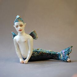 Mermaid boy Porcelain man figurine Sea creature Fish man Blue ceramic sculpture Handmade collectible figurine