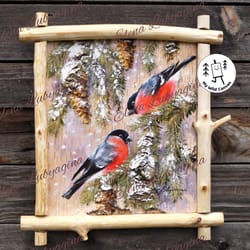 bullfinches on a spruce with fir-cones, painting on birch bark, birds in winter painting