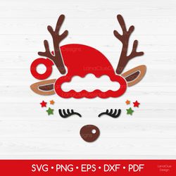 Christmas Reindeer Face SVG Cut Files - Reindeer with Santa Hat SVG PNG DXF EPS PDF