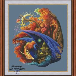 dragon-guardian. autumn. cross stitch pattern. cross stitch design. digital. pdf. saga.