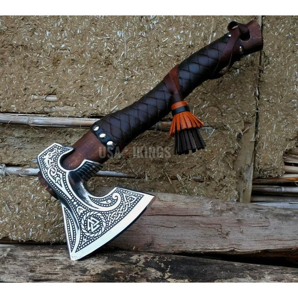 HUNTING AXE, CARBON Steel Axe, Stylish Viking Throwing Ash Wood Shaft Bearded Axe Gifts For Her, Carbon Steel Leather Wood Handle Axe (1).jpg