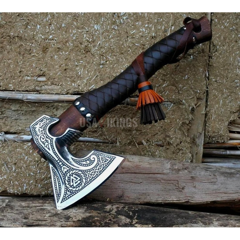 HUNTING AXE, CARBON Steel Axe, Stylish Viking Throwing Ash Wood Shaft Bearded Axe Gifts For Her, Carbon Steel Leather Wood Handle Axe (1).jpg