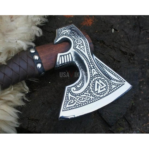 HUNTING AXE, CARBON Steel Axe, Stylish Viking Throwing Ash Wood Shaft Bearded Axe Gifts For Her, Carbon Steel Leather Wood Handle Axe (2).jpg
