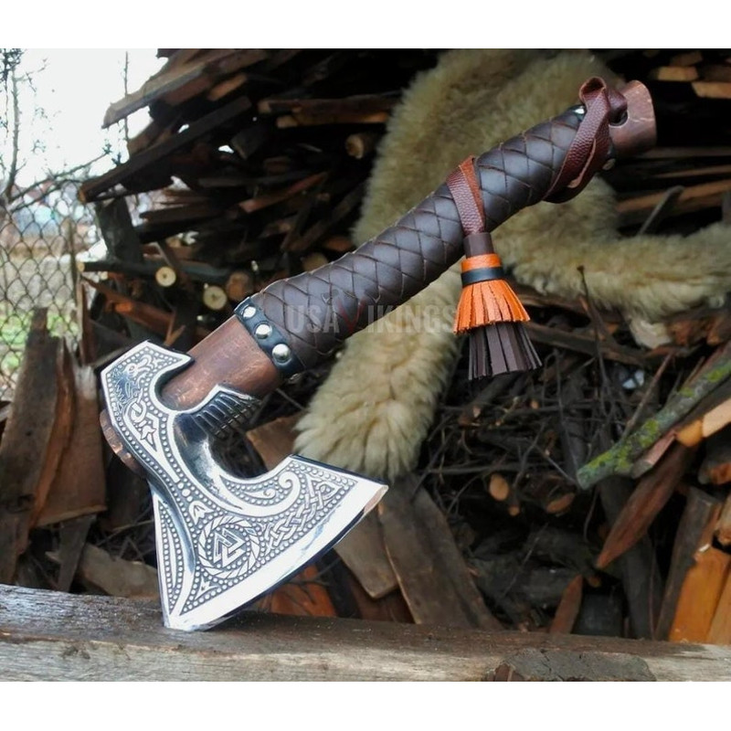 HUNTING AXE, CARBON Steel Axe, Stylish Viking Throwing Ash Wood Shaft Bearded Axe Gifts For Her, Carbon Steel Leather Wood Handle Axe (3).jpg