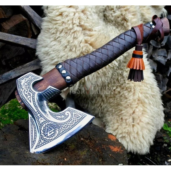 HUNTING AXE, CARBON Steel Axe, Stylish Viking Throwing Ash Wood Shaft Bearded Axe Gifts For Her, Carbon Steel Leather Wood Handle Axe (4).jpg