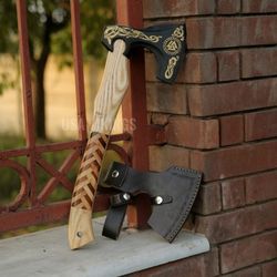 hatchet axe, battle axe, carbon steel ash wood shaft nordic viking hatchet axe gift for warrior, wood handle wood axe,