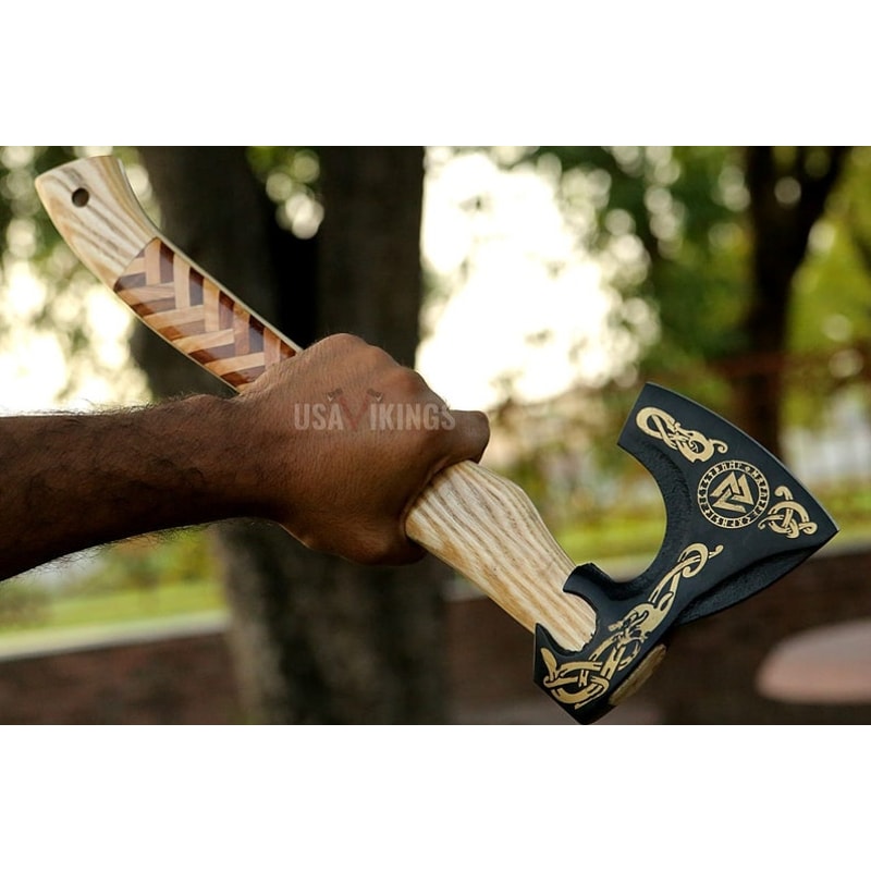 HATCHET AXE, BATTLE Axe, Carbon Steel Ash Wood Shaft Nordic Viking Hatchet Axe Gift For Warrior, Wood Handle Wood Axe, Birthday Gift For Him (4).jpg