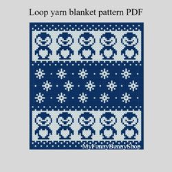 Loop yarn finger knitted Penguins Boarder 2  blanket pattern PDF Download