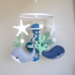 Ocean nursery crib mobile with whales, jellyfish. Baby shower gift. Nursery decor.