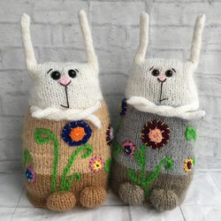 Knitted rabbit, multicolored rabbit, white rabbit, interior hare, hare matryoshka, funny hare