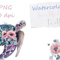 Watercolor Clipart. Sea Turtle. Ocean animal with flowers. turtle clipart. Baby showers, nursery decor, wall art png