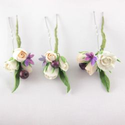 Bridal hairclips set of 3 pieces Artificial flowers clay roses Hair jewelry.