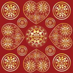 illustration of abstract golden ornament with hearts on red background
