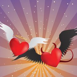 Valentine red hearts with angel wings on background with rays