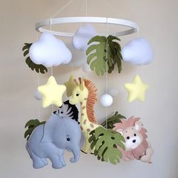 Safari baby crib mobile with lion, elephant, giraffe, zebra. Nursery decor. Baby shower gift.