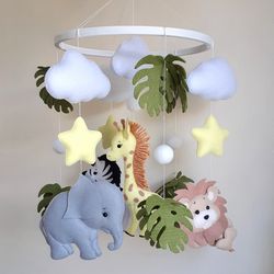 safari baby crib mobile with lion, elephant, giraffe, zebra. nursery decor. baby shower gift.