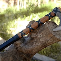 custom handmade ragnar viking axe, hand forged viking tomahawk axe ash wood handle, vikings throwing axe, vikings