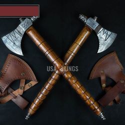 custom gift forged carbon steel viking axe with rose wood shaft with free leather sheath, best birthday gift