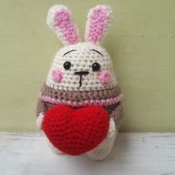 Hand Crochet Softy Bunny With Heart Stuffed Toys Animals Gift For Him Gift for Her