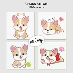 4 Cross stitch patterns / SET CORGI / Hand embroidery design Digital PDF file