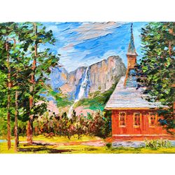 Valley Chapel Painting Yosemite National Park Original Art California Original Oil Painting on Canvas by 12x16 inch