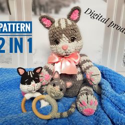 Crochet Pattern Cat toy and baby rattle, Amigurumi crochet pattern kitten, Stuffed toy, cute cat plush pattern