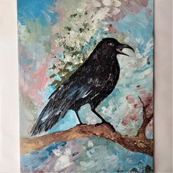 raven painting, crow painting, impasto art, black crow painting, bird painting for sale, bird canvas wall art