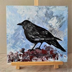 Painting of a raven, Black crow painting, Bird wall art, Wall bird decor, Bird wall art framed, Impasto painting