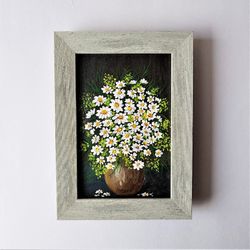 Flower painting vase, Flower canvas wall art, Bouquet art, Daisies in a vase painting, Daisies wall art, Small wall art