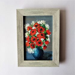 Wildflowers acrylic painting, Flower painting canvas, Poppy wall art, Poppies impasto painting, Flower painting vase
