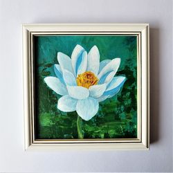 Blue flower wall art, Flower wall decor for living room, Lotus painting, Flower painting blue, Painting impasto