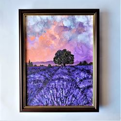 Painted landscape, Wildflowers painting, Floral wall decor, Sunset painting landscape, Lavender impasto painting