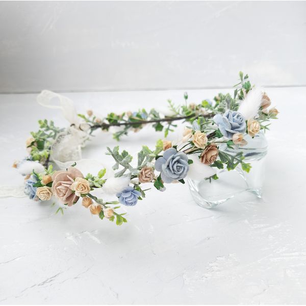 dusty blue beige flower rustic crown.jpg