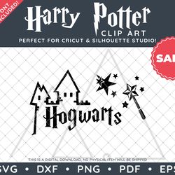 Harry Potter Clip Art SVG DXF PNG PDF - Hogwarts Typographic Magic Wand Simple Design & FREE Font!