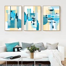 Geometric Print, Abstract Set Of 3 Art, Blue Yellow Wall Art, Modern Artwork, Large Triptych Poster, Digital Prints