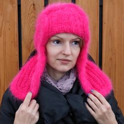 Ushanka hat pink color, Angora hat for women, Knit ear flap hat for winter, Christmas gift for her