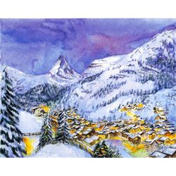 Christmas, winter view of the Matterhorn. Switzerland.  Original watercolor painting 8x10''