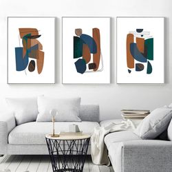 Geometric Print Three Posters, Abstract Painting Printable Wall Art Navy Rust Art, 3 Piece Prints Triptych Large Artwork