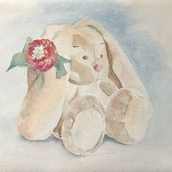 Cute bunny toy painting children room wall art original watercolour hand painted modern painting