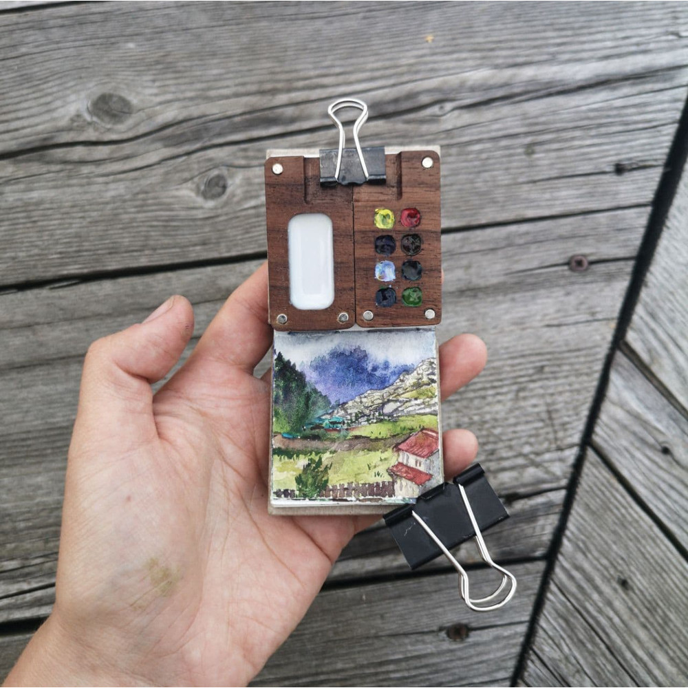 Mini Wooden Watercolor Palette 8 Cells For Colors With Tiny Sketchbook 2