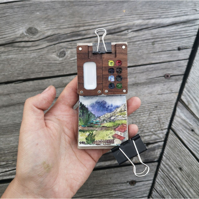 Mini Wooden Watercolor Palette 8 Cells For Colors With Tiny Sketchbook 2