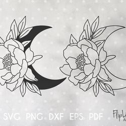 crescent moon svg boho peony moon png celestial clipart floral cut file luna svg flower line drawing svg file for cricut