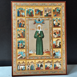 Saint Matrona of Moscow with 18 scenes from his life  | High quality lithography icon on wood | Size: 24 x 18 cm